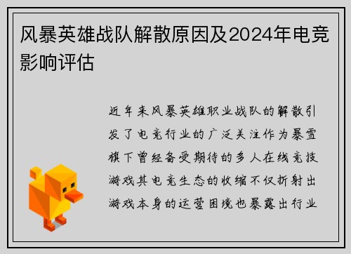 风暴英雄战队解散原因及2024年电竞影响评估