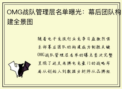 OMG战队管理层名单曝光：幕后团队构建全景图